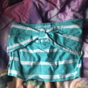 Mandee’s bow tie tube top, blue and white stripe.